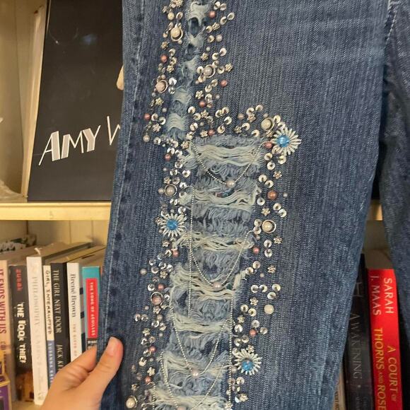 2000s Intricate Beaded Ripped Jeans - Picture 2 of 8